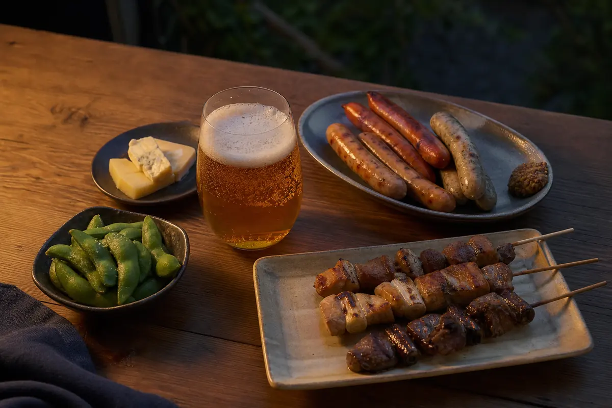 枝豆、焼き鳥、ソーセージとクラフトビールを並べた夏の食卓