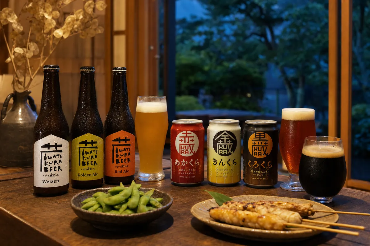 いわて蔵ビールの瓶と金蔵・赤蔵・黒蔵を、枝豆や焼き鳥と楽しむ夏夜の食卓