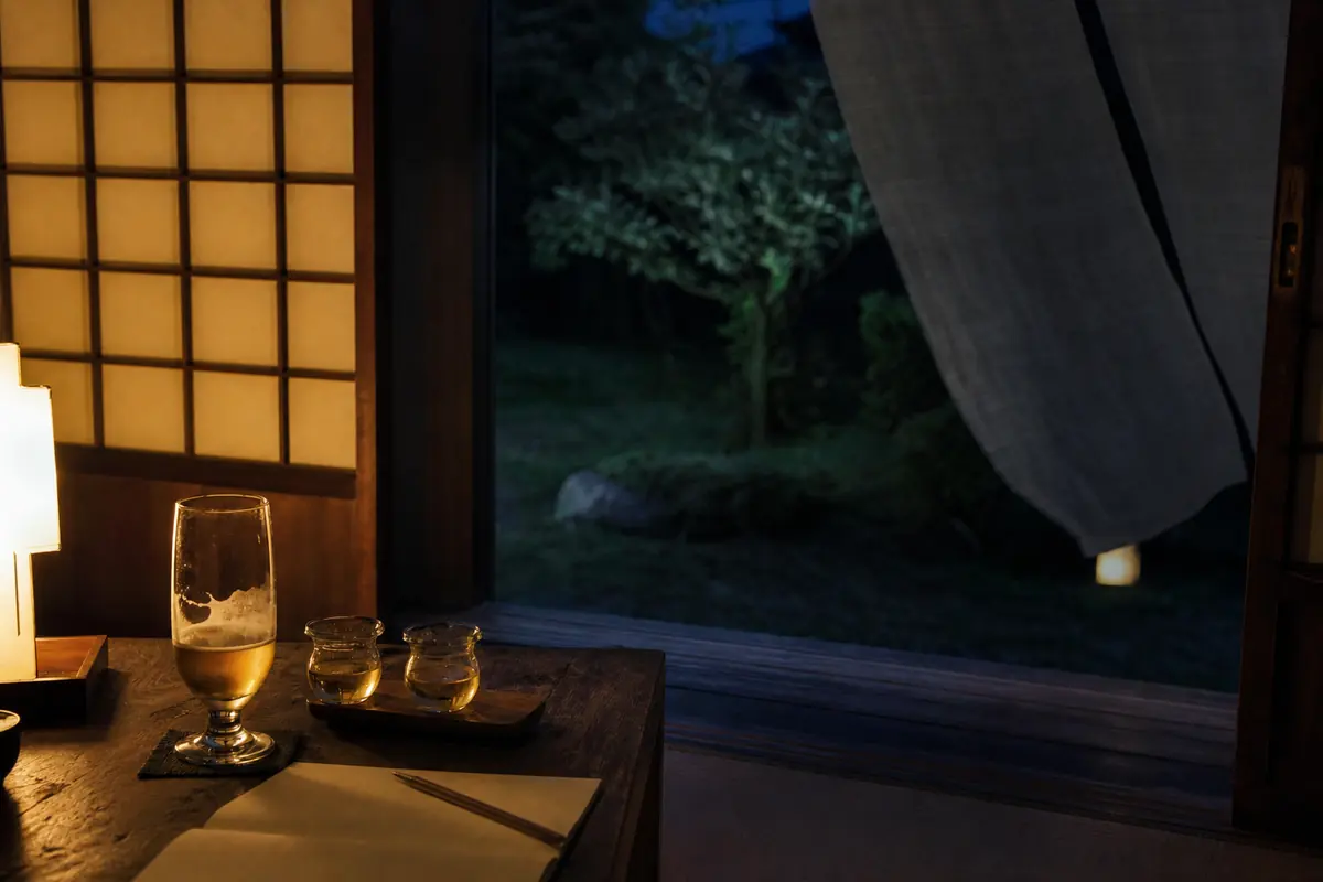 庭を眺めながら少量ずつクラフトビールを味わう静かな夏夜
