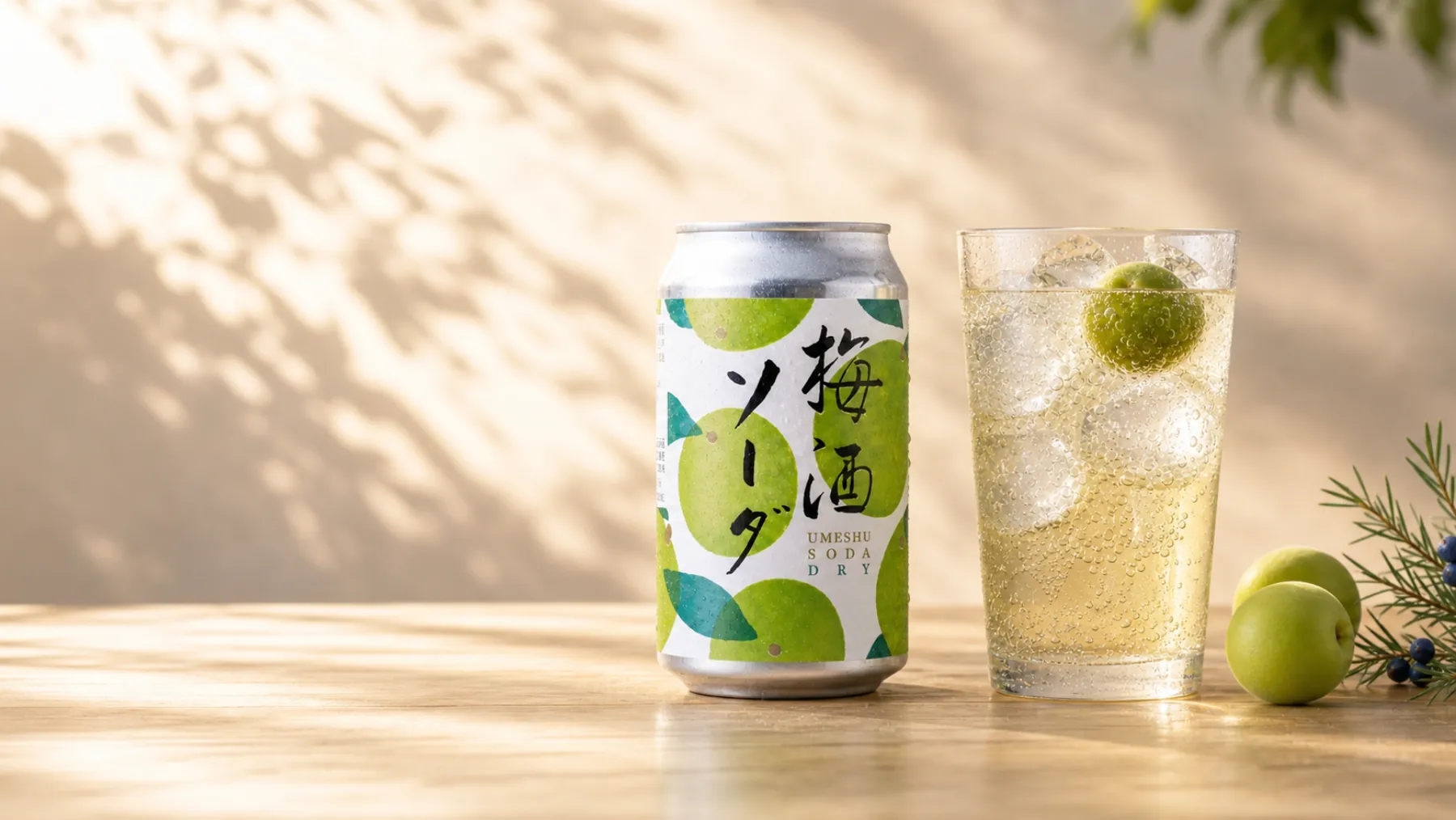 夏の光の中に置いた梅酒ソーダ ドライの缶と、氷を入れた梅酒ソーダのグラス