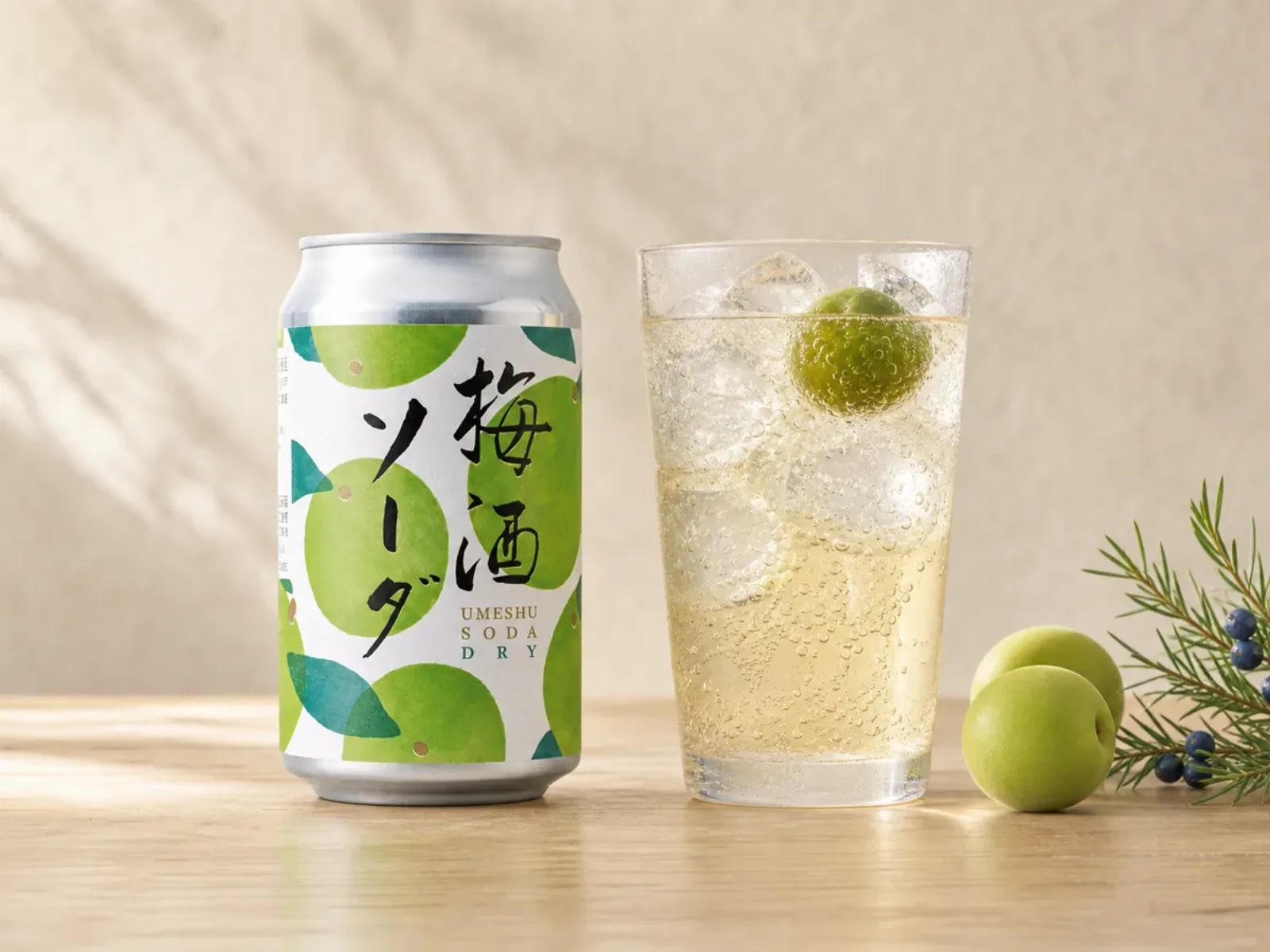 梅酒ソーダ ドライ 1本と氷入りのグラス