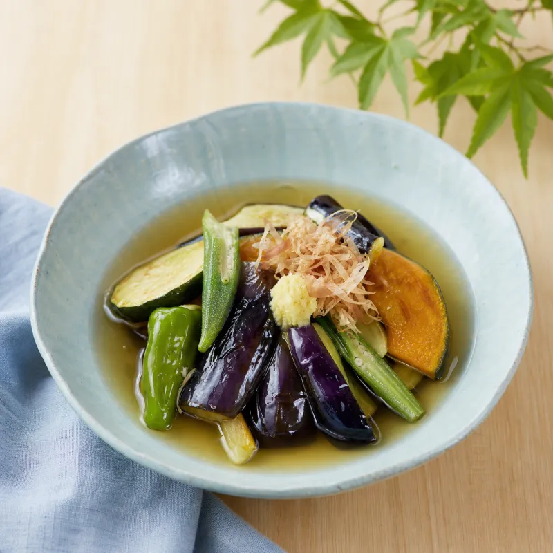 なす、ピーマン、オクラ、ズッキーニ、かぼちゃの夏野菜の揚げびたし