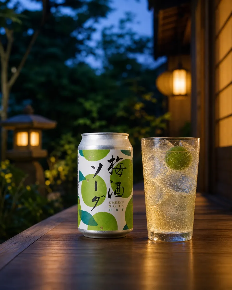 夏の夕暮れの縁側に置いた梅酒ソーダ ドライと氷入りのグラス