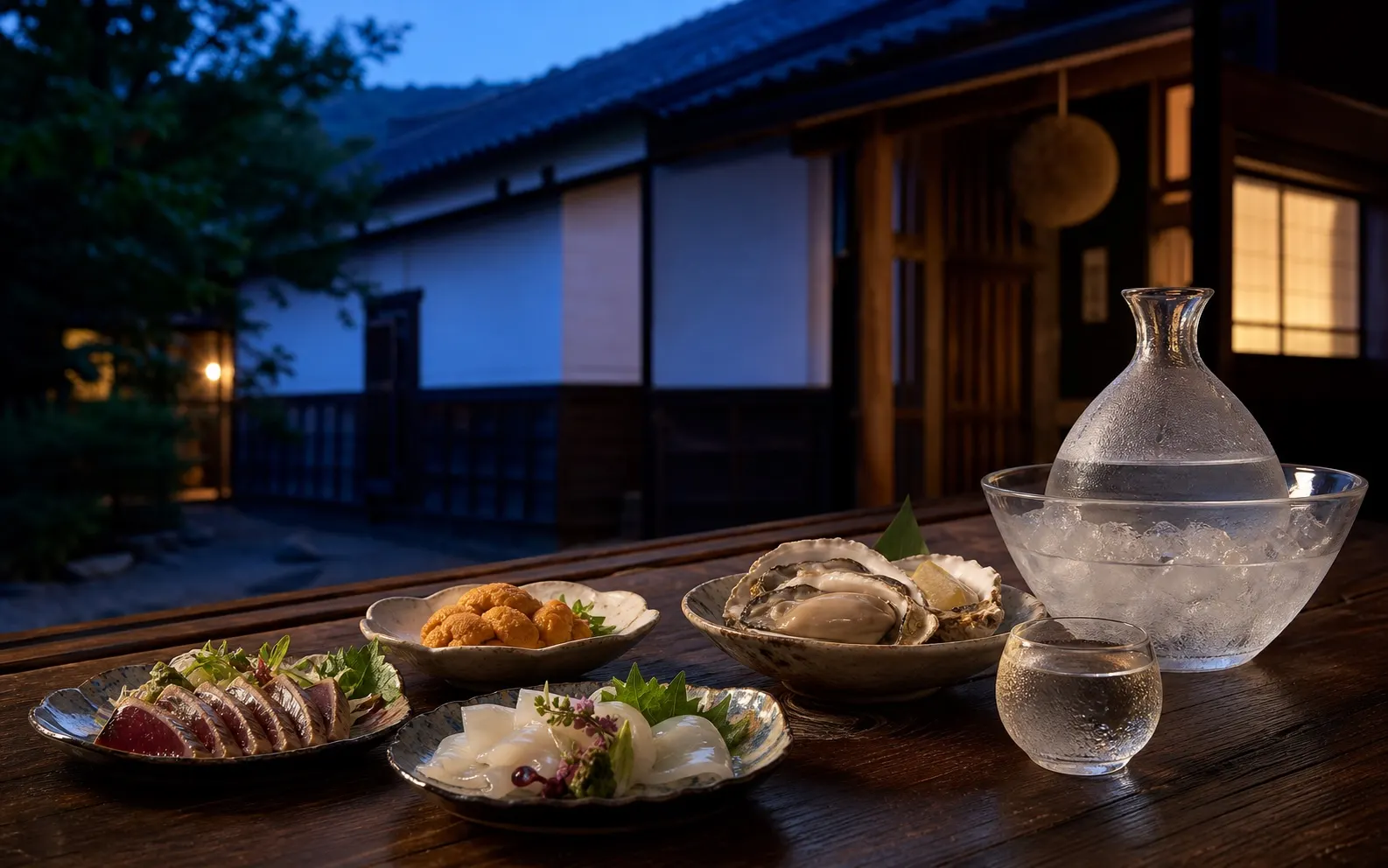 夏の夕暮れに日本酒と三陸の料理を楽しむ食卓