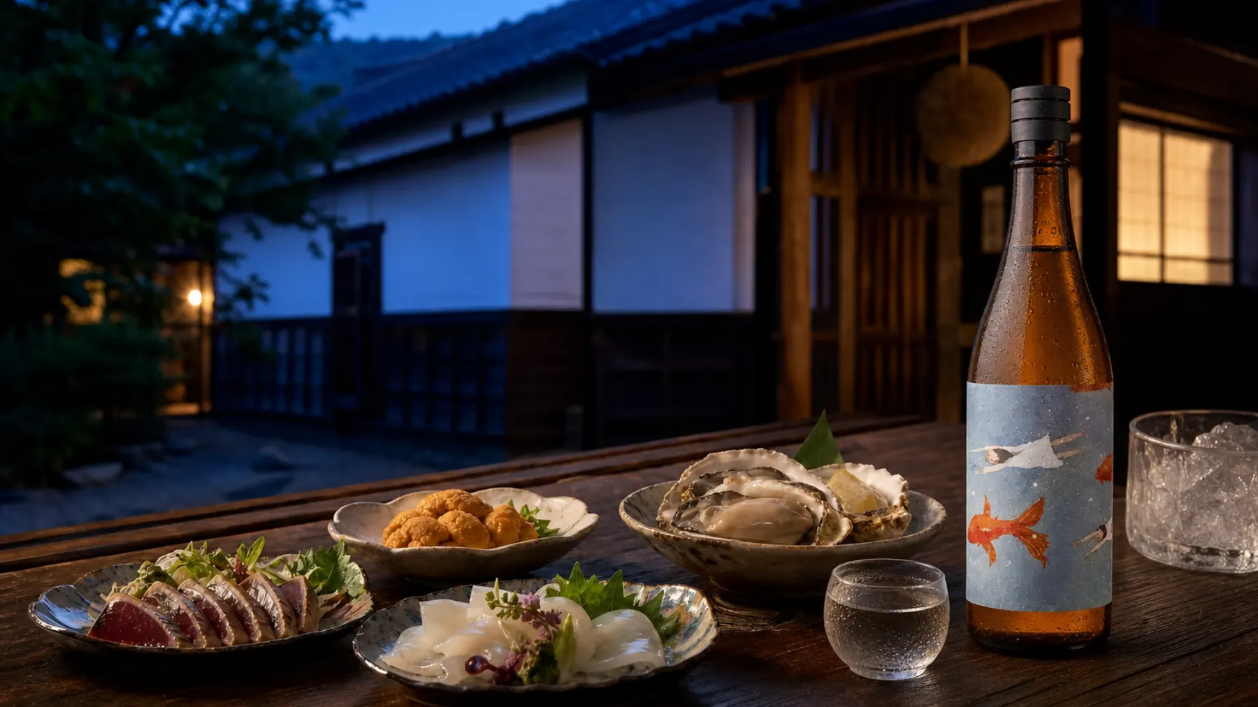 夏の夕暮れ、戸田さちえラベルの空の金魚と牡蠣、カツオ、イカを並べた三陸の食卓