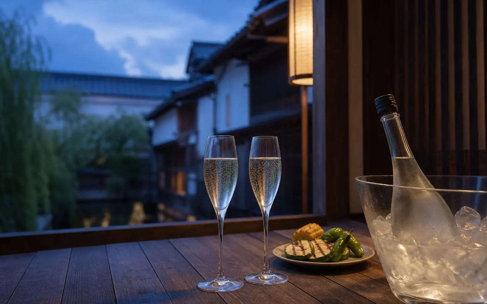 夏の夕暮れにシャンパングラスで楽しむ世嬉の一酒造のスパークリング日本酒