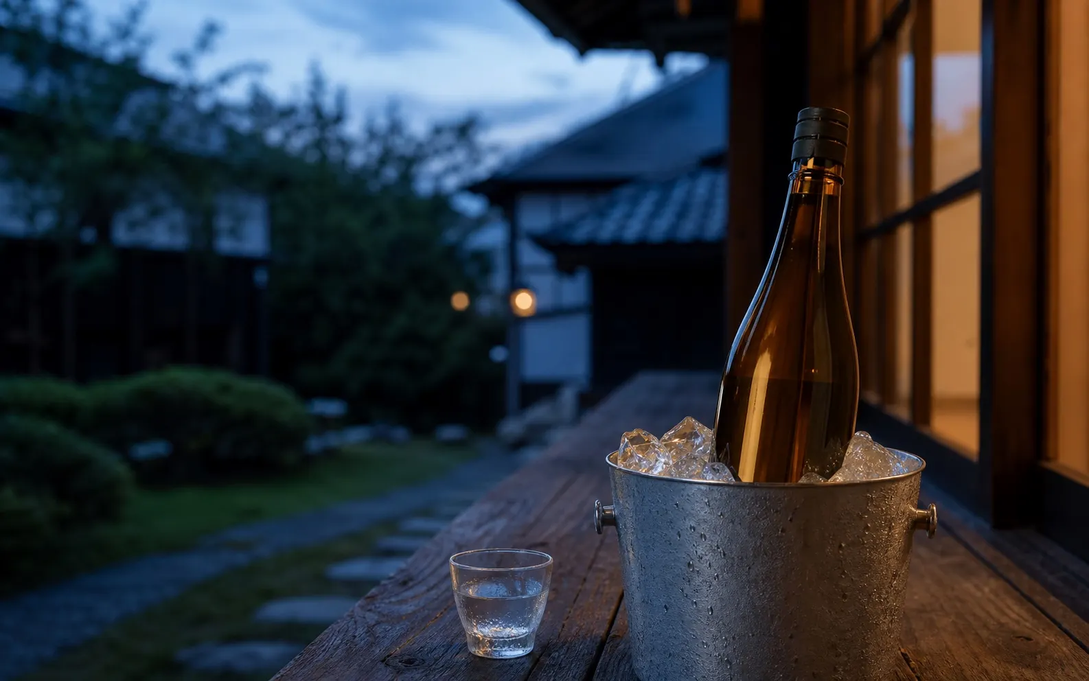 氷水で冷やした日本酒を夏の夕暮れに取り出す様子