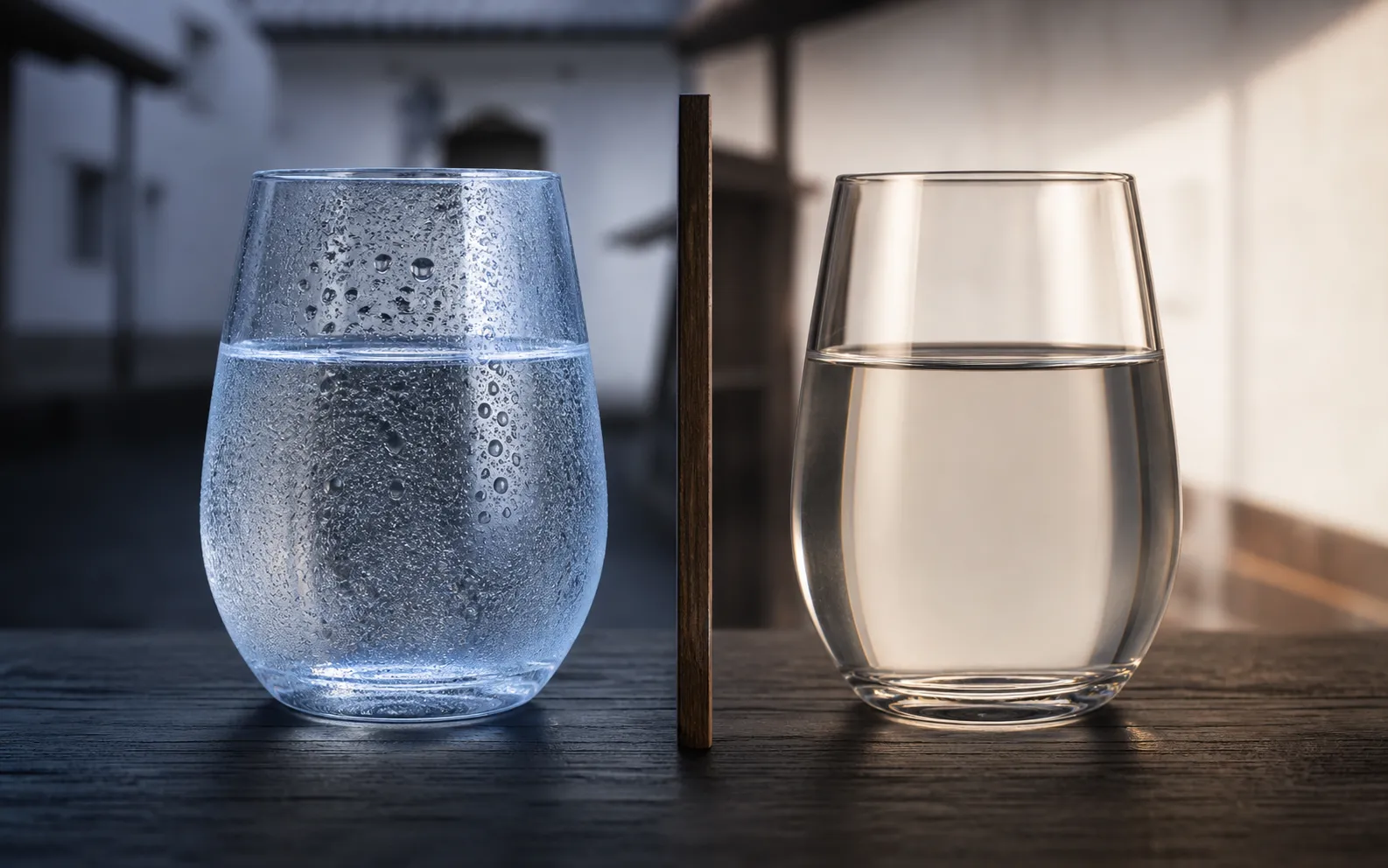 結露した冷たい日本酒と少し温度が上がった日本酒を同じグラスで比べる様子