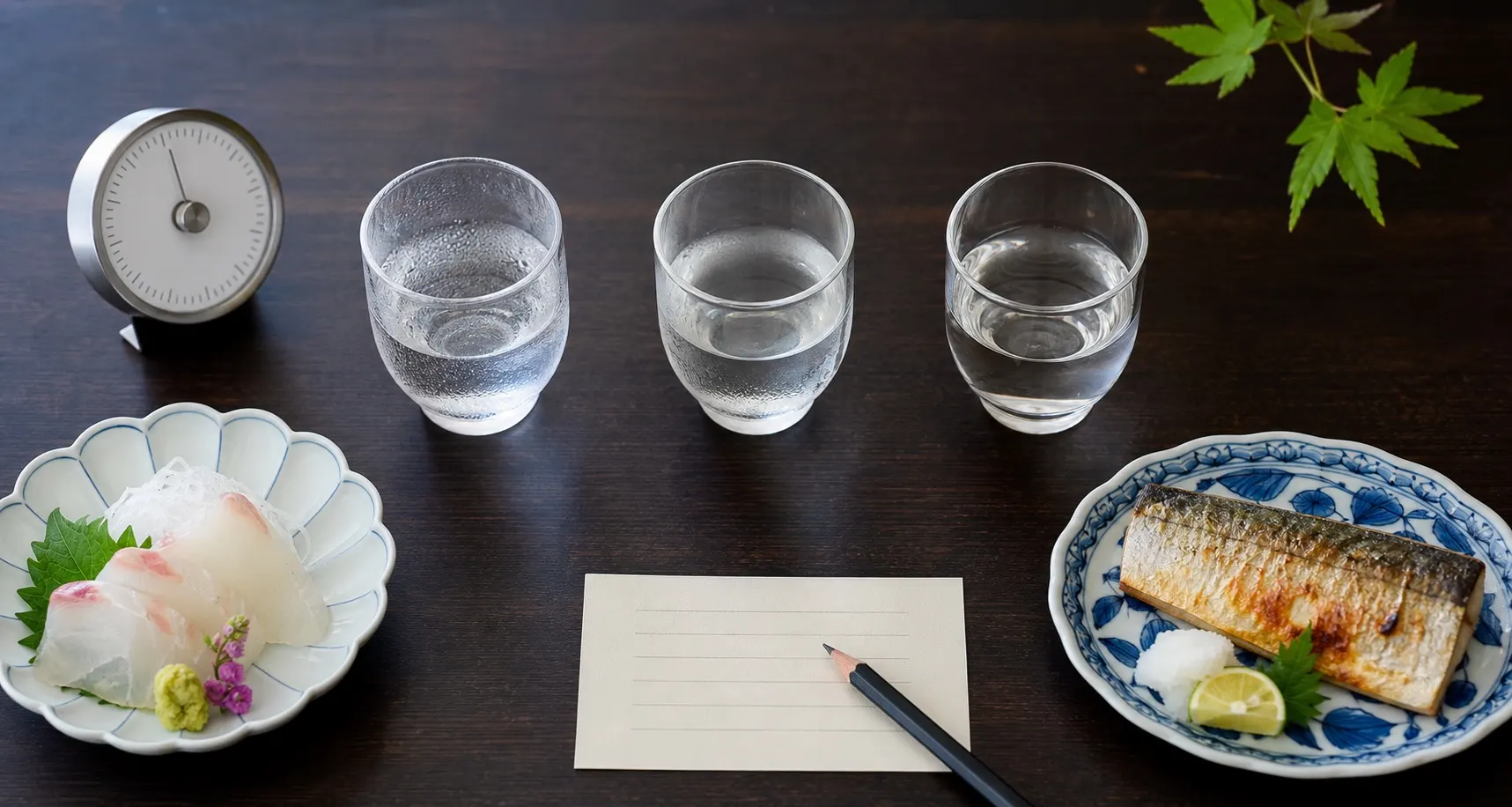 日本酒とグラス、魚料理、時計を並べた温度飲み比べ