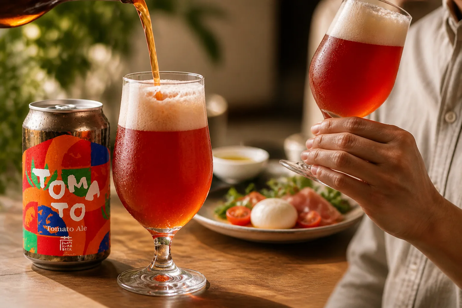 トマトビールをグラスに注ぎ、赤い色と泡、飲み込んだ後の香りを楽しむ様子