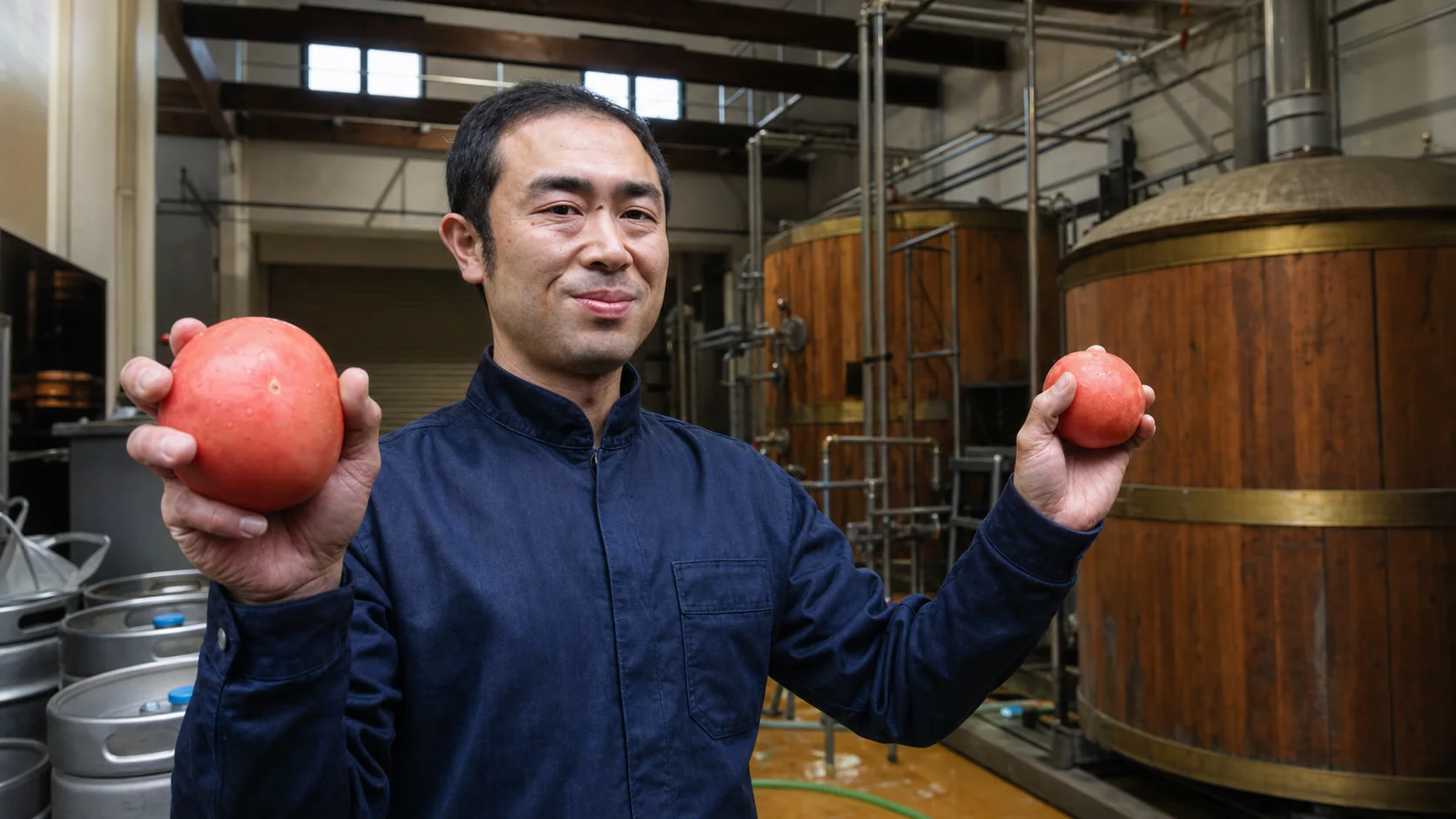 一関の醸造所で二つの完熟トマトを手にするトマトビールの造り手
