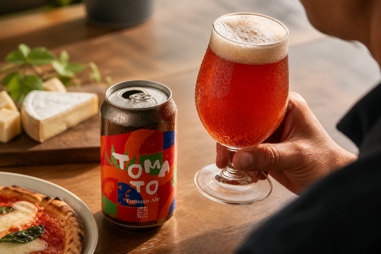 トマトビールの赤い液色と泡を確かめながら最初の一口を楽しむ食卓