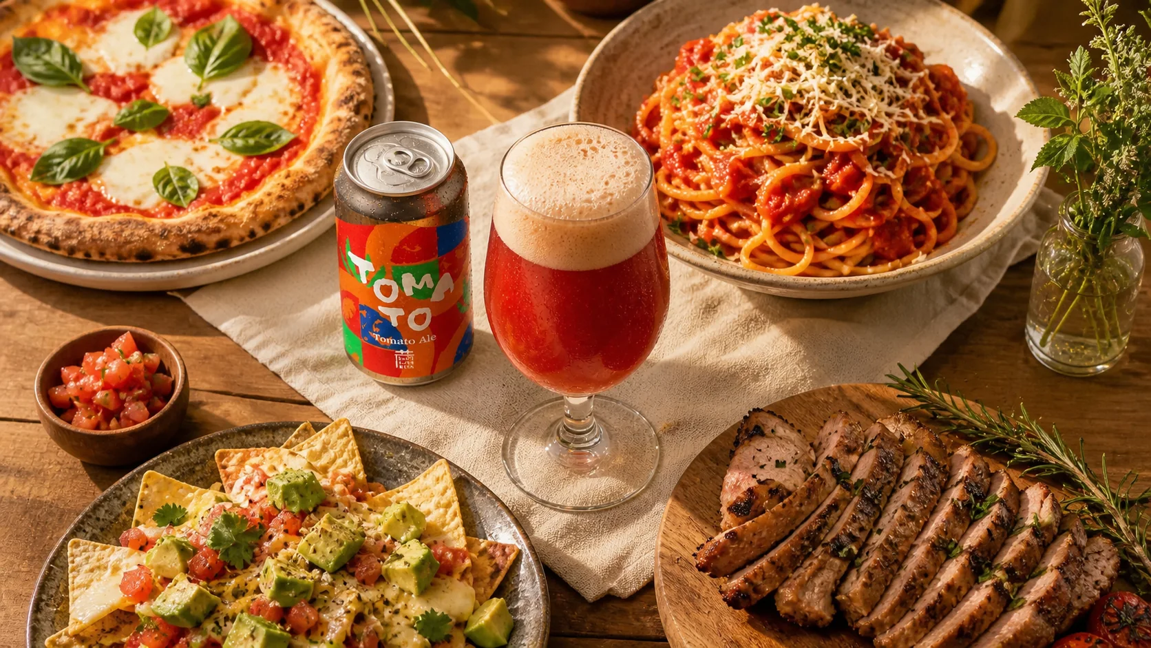 トマトビールとマルゲリータ、トマトパスタ、アボカドナチョス、香草を使った肉料理のペアリング