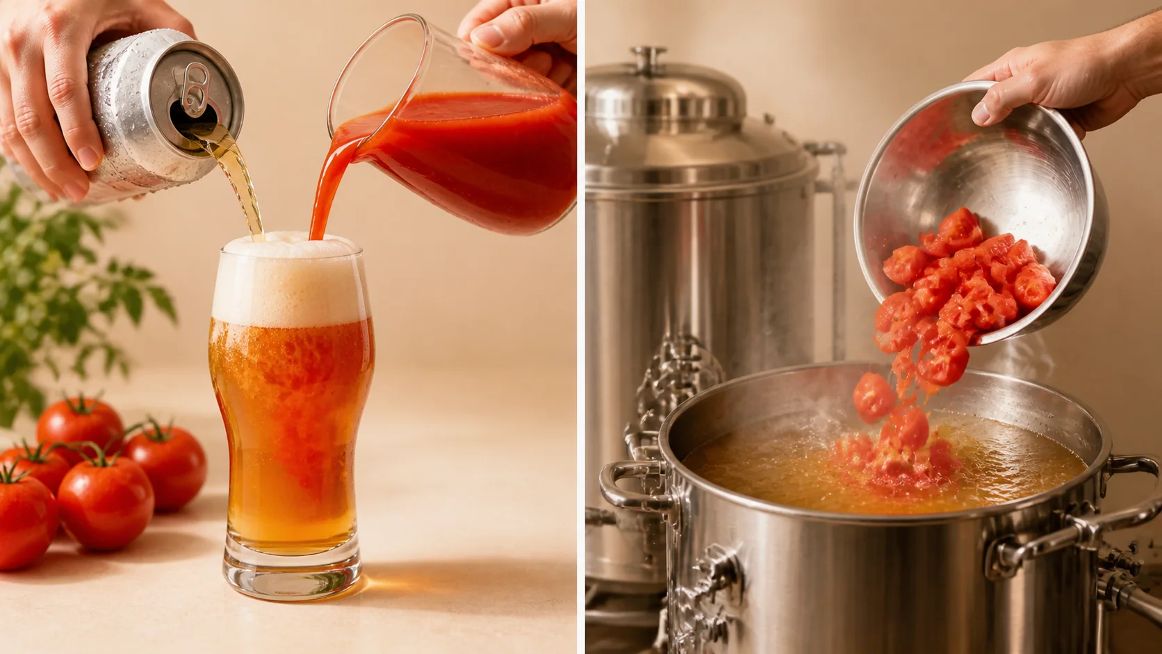 飲む直前にビールとトマトジュースを混ぜるレッドアイと、醸造中に完熟トマトを加えるトマトビールの比較