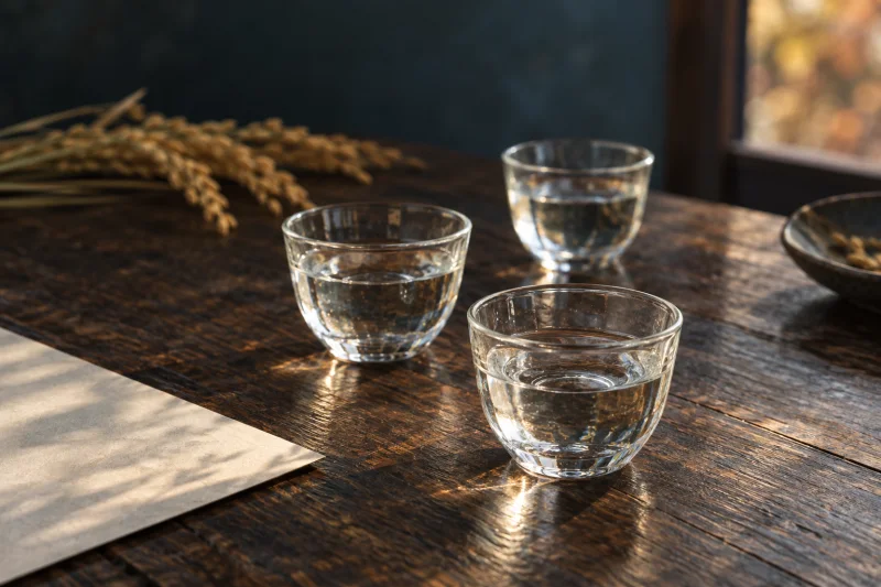 透明な日本酒の小さな酒器を三つ並べた試飲のイメージ