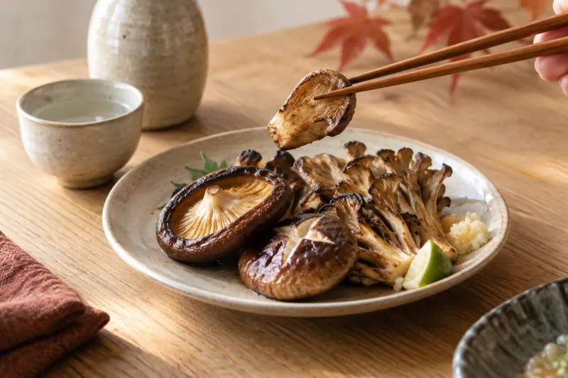 焼いたしいたけとまいたけを箸で取る食卓