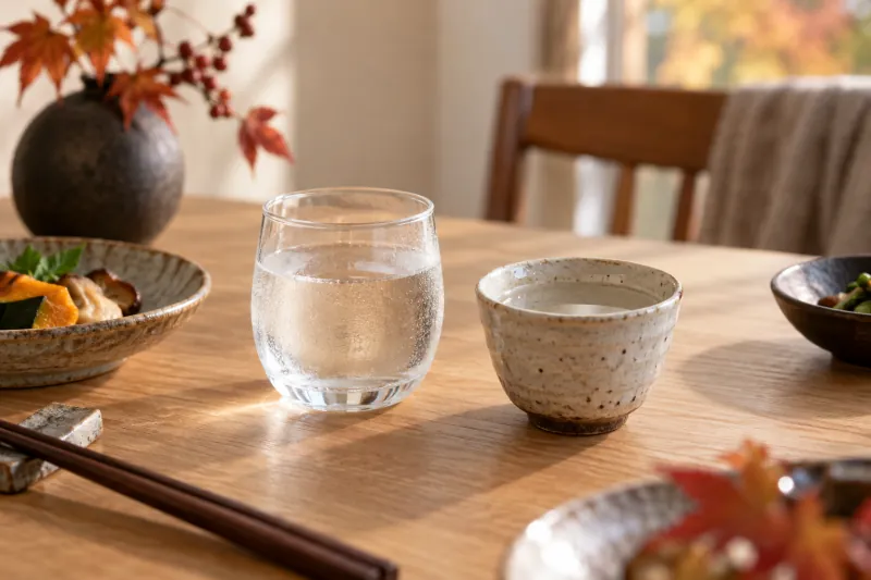 冷酒用の透明なグラスと常温の猪口を並べた食卓