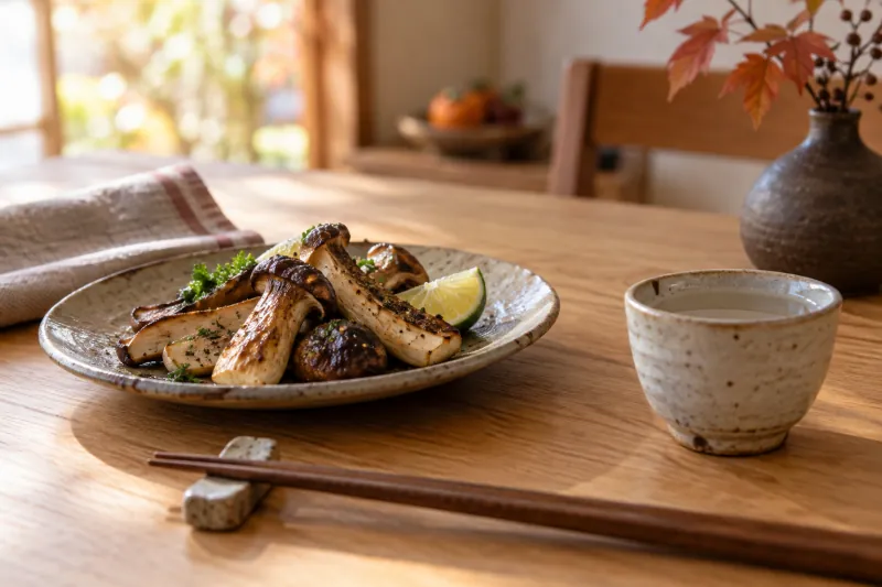 焼ききのこと常温の酒器を置いた秋の食卓