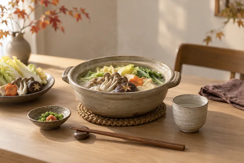 小鍋と温かい酒器のある晩秋の食卓