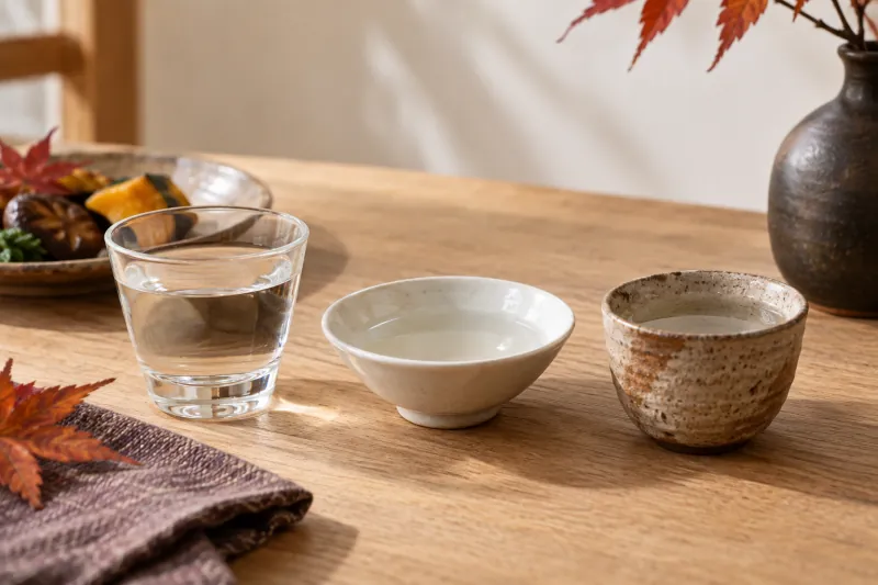 同じ透明な酒を注いだ形の異なる三つの酒器