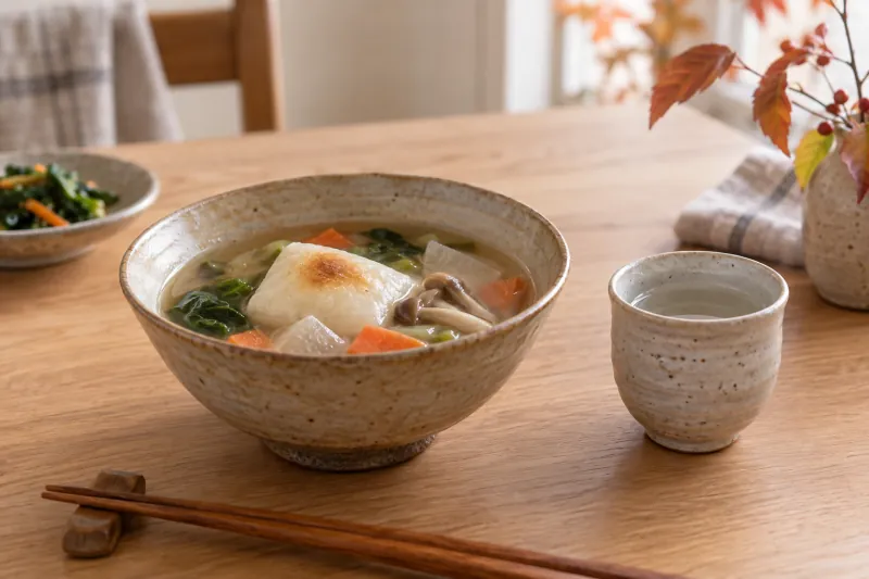 餅入りの野菜汁と小さな猪口が並ぶ家庭の食卓