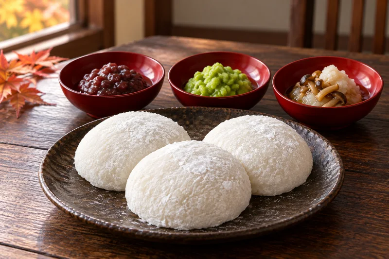 白餅とあんこ、ずんだ、きのこおろしを並べた秋の食卓のイメージ