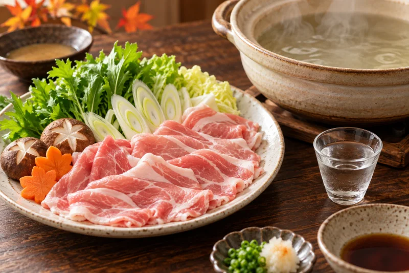 豚肉と野菜を並べた酒しゃぶの食卓イメージ