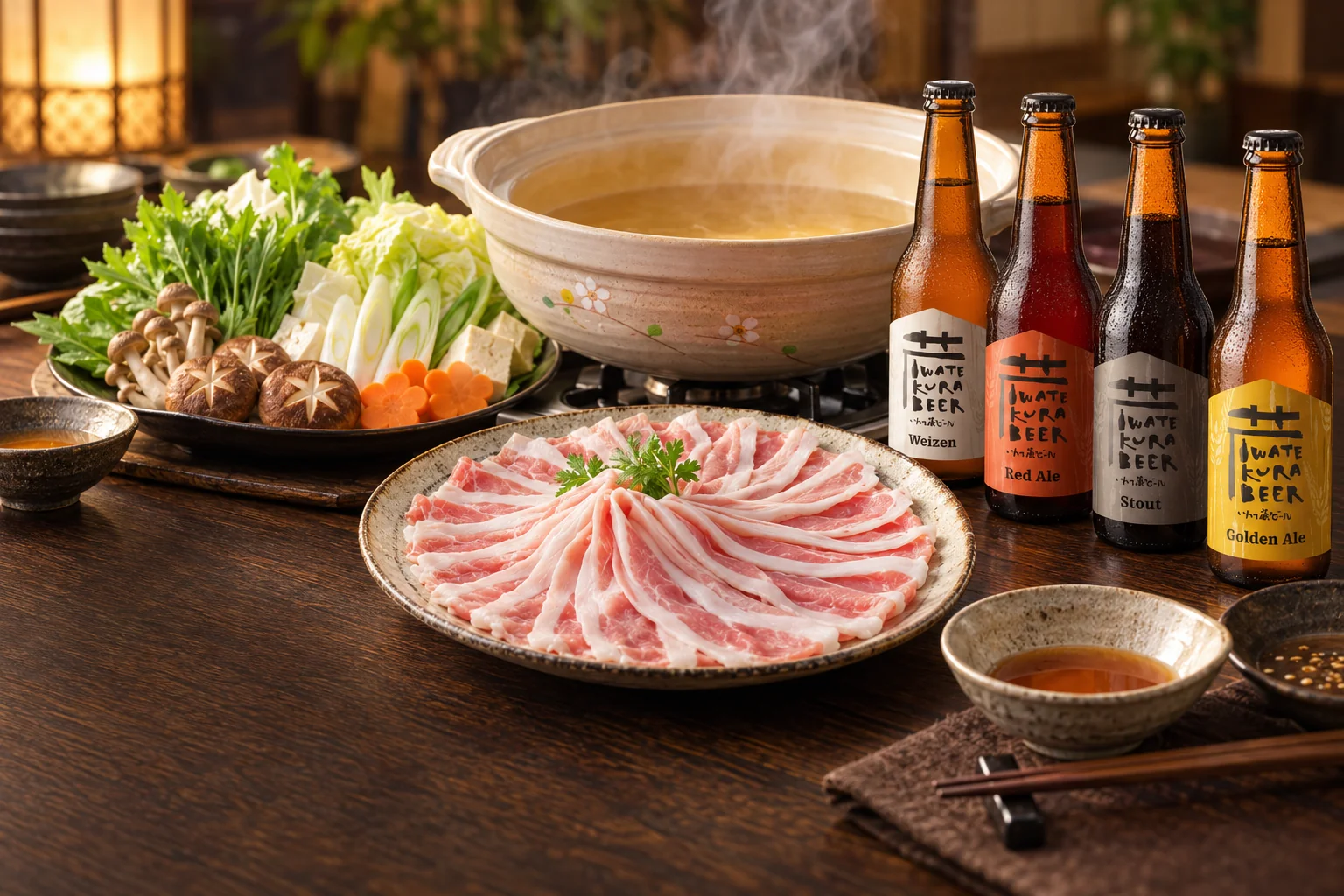 酒しゃぶの鍋、豚肉、野菜と、いわて蔵ビールの瓶4種を並べた食卓