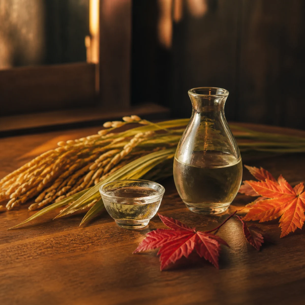 稲穂と紅葉、酒器で秋の到来を表したひやおろしの予告イメージ