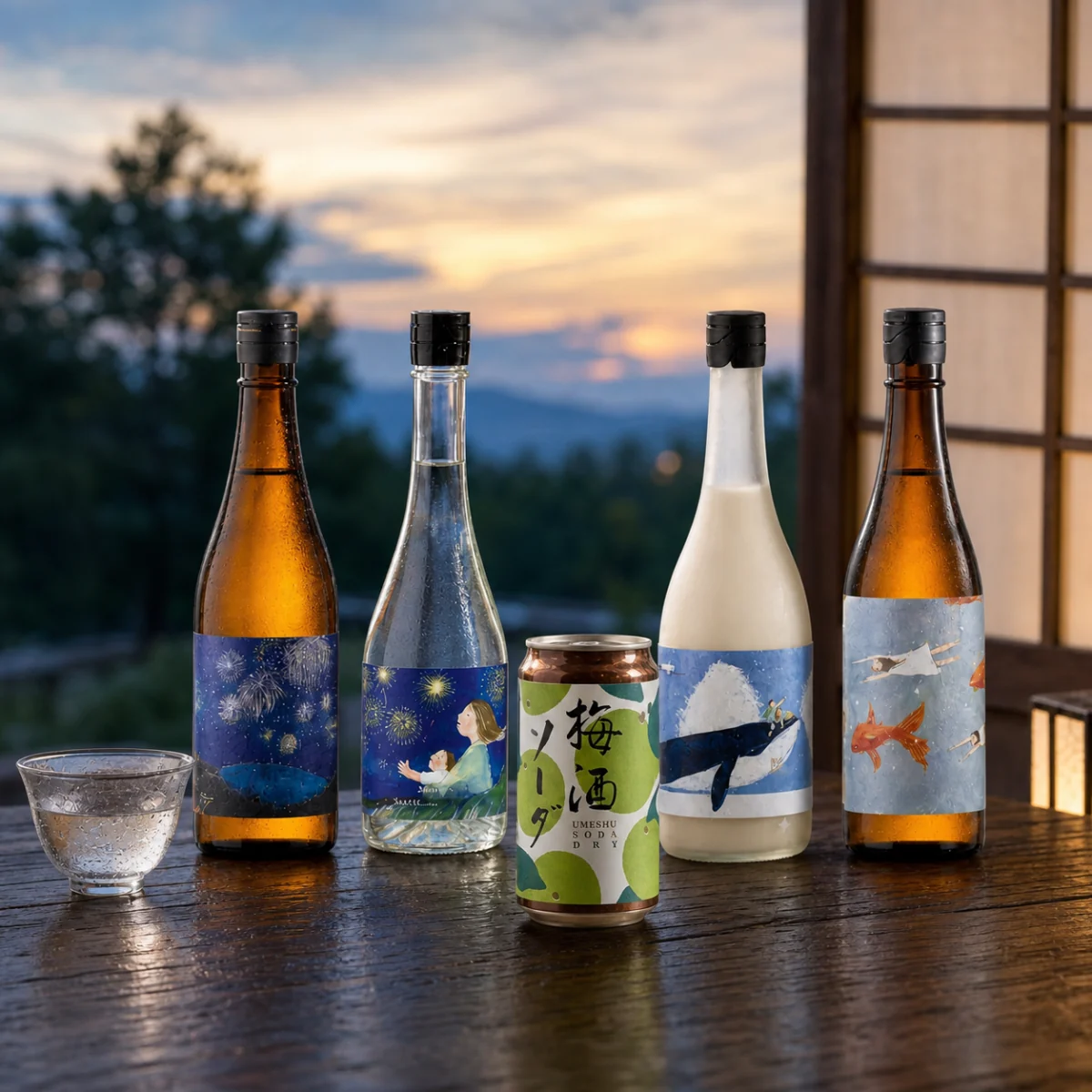 戸田さちえさんの夏酒4本と梅酒ソーダ ドライを並べた夏の限定商品
