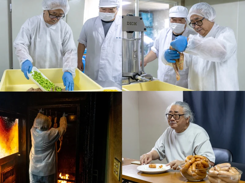 一関ミートでフランクフルトの試作と試食に参加する植松伸夫さん