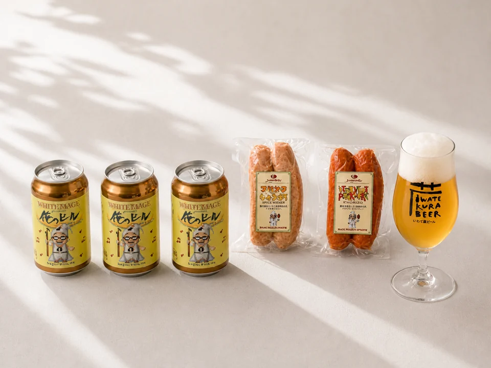 WHITE MAGE 3缶と一関ミートのソーセージ2種、ビールを注いだグラス