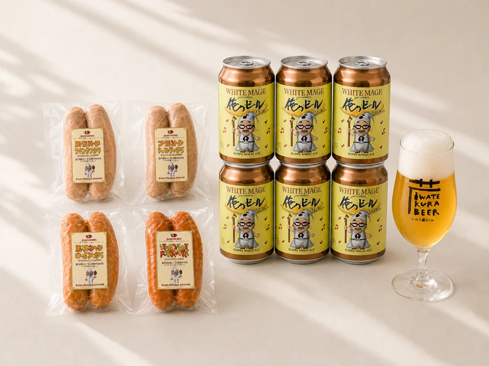 WHITE MAGE 6缶と一関ミートのソーセージ各2パック、ビールを注いだグラス